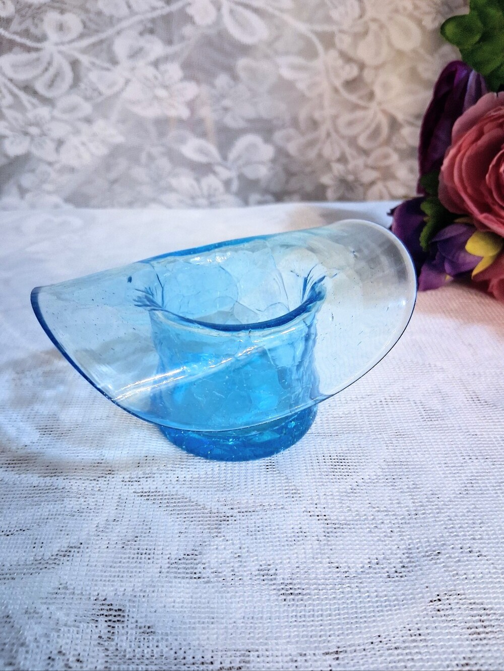 Vintage Aqua Blue Crackle Glass Hat MiniMid-century MCM